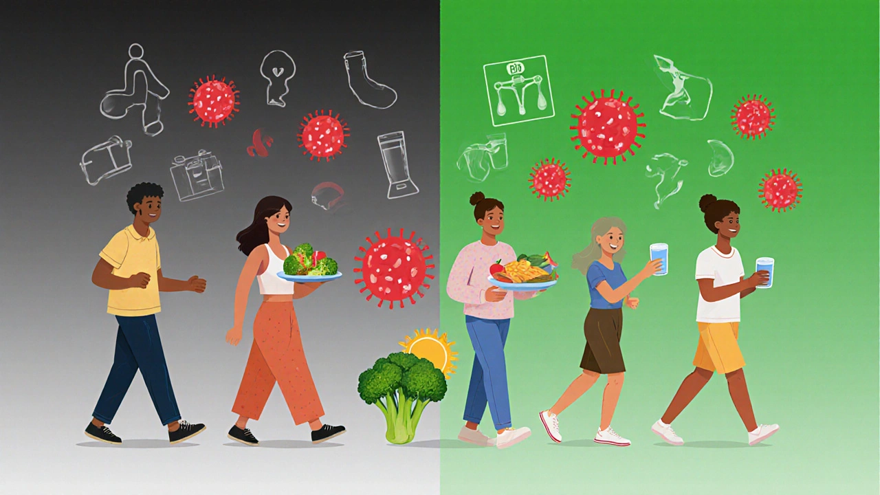 Diverse people practicing daily healthy habits as cancer cells recede around them.