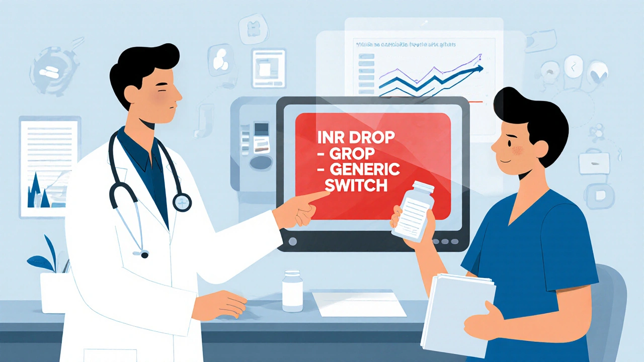 Doctor and patient reviewing an EHR alert about dangerous lab changes after a generic drug switch.