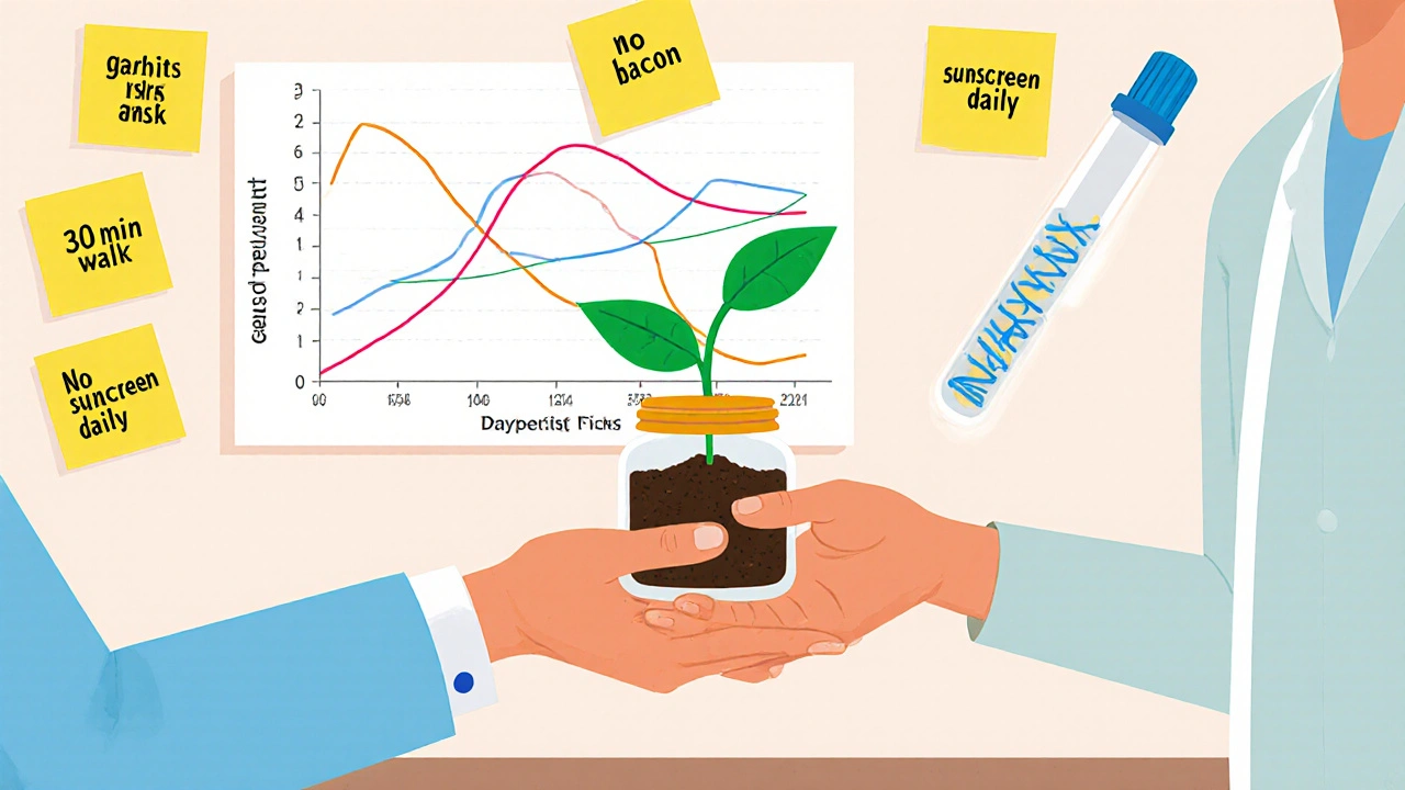 Doctor gives patient a plant growing from a pill bottle, symbolizing chemoprevention and lifestyle change.