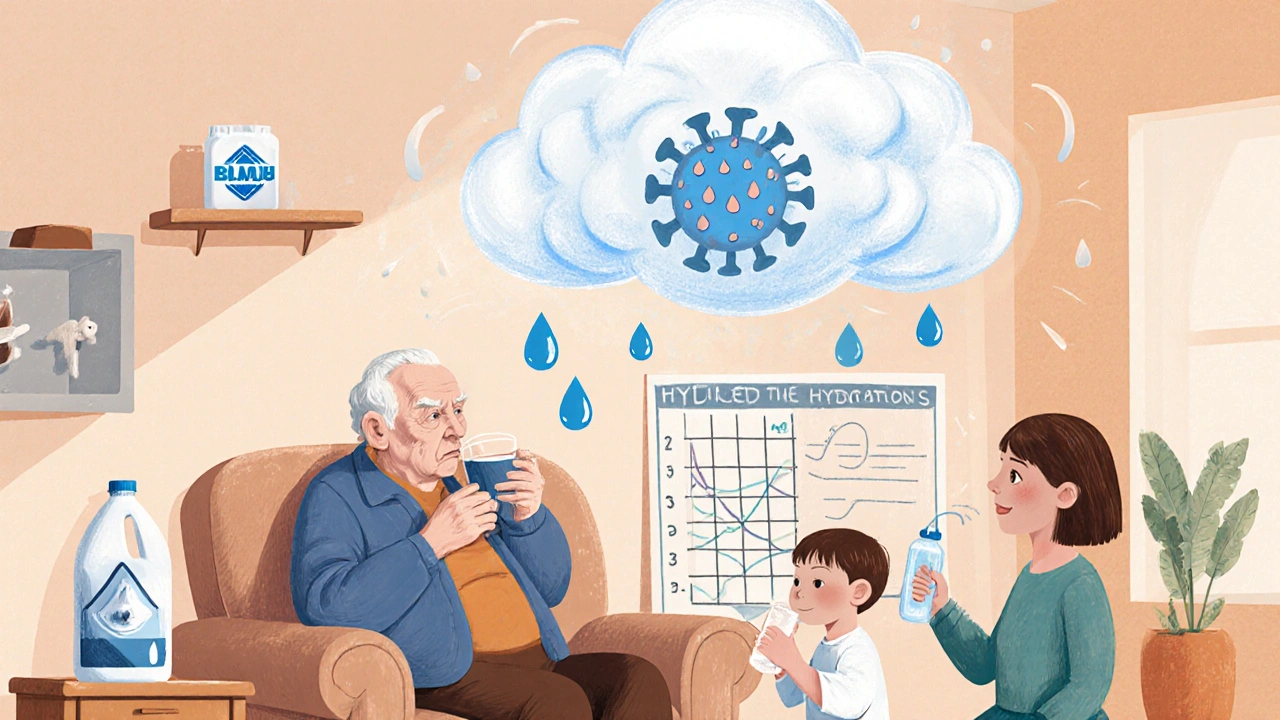 Elderly person and child drinking oral rehydration solution, protected by soap and bleach shields.