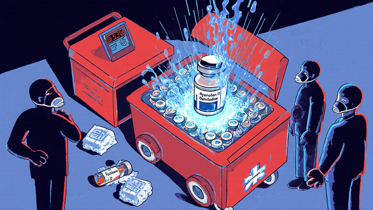 Emergency cart open with dantrolene vials releasing life-saving energy, cooling packs, and monitors flashing alarms.