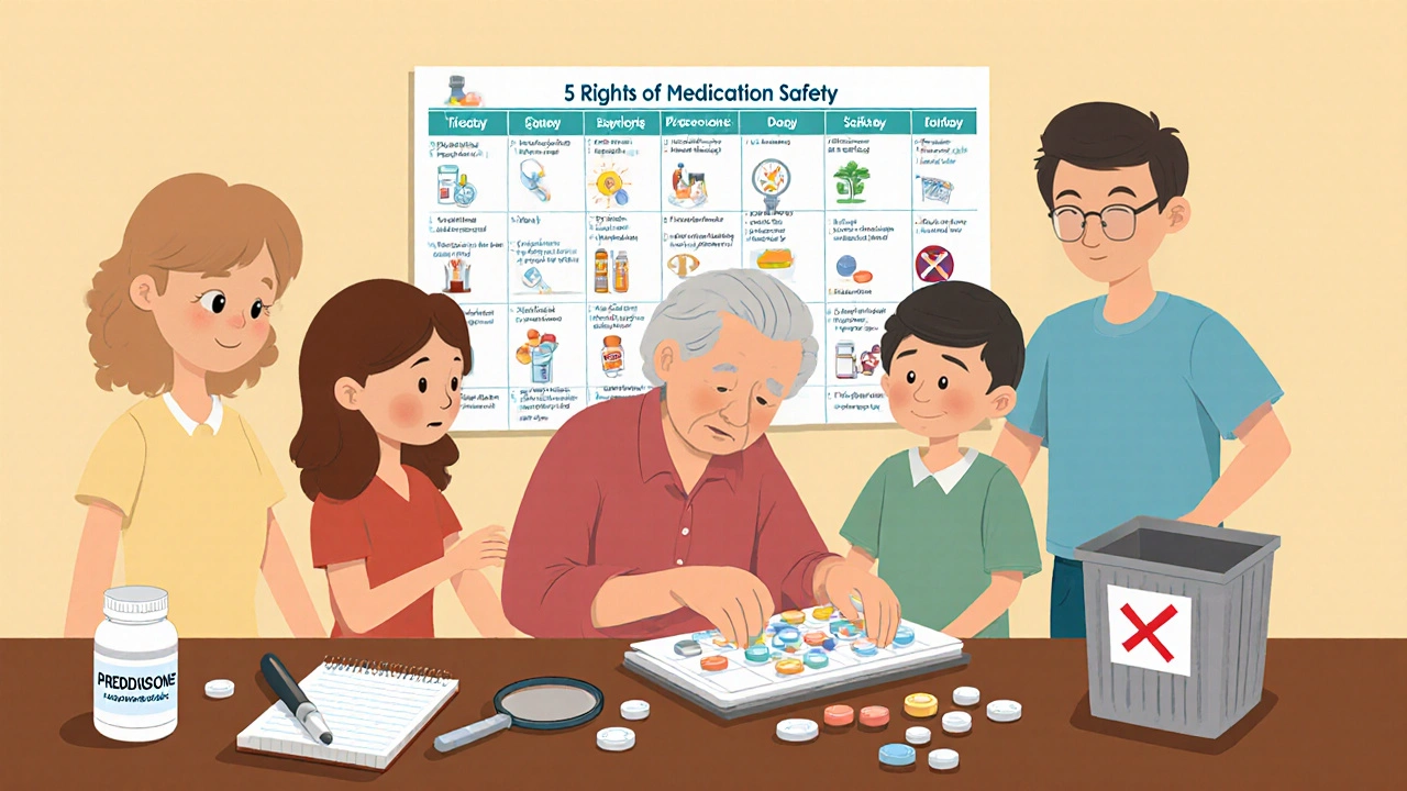 Family helping an older adult organize pills with a safety checklist on the wall and expired meds in bin.
