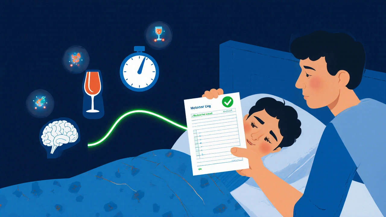 Family member holding a medication log beside a sleeping person with safety icons floating above.