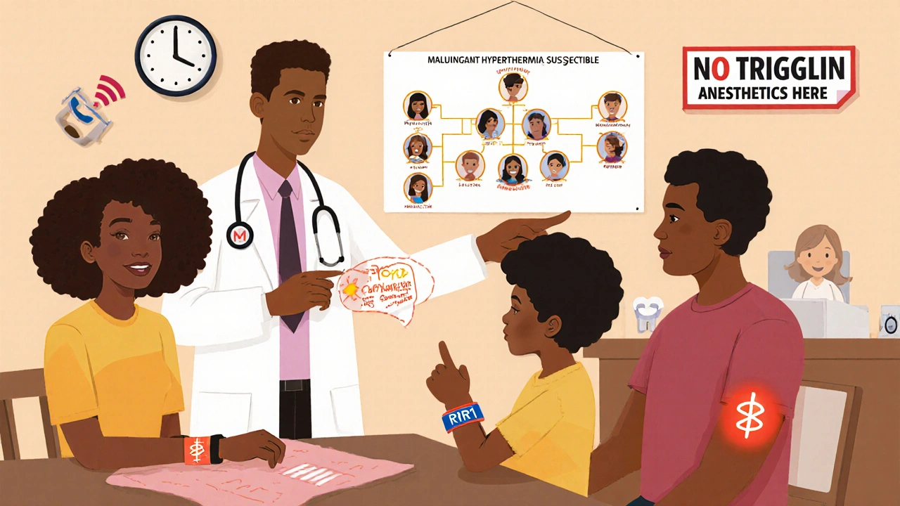 Family with medical alert bracelet and genetic mutation symbol, surrounded by healthcare settings emphasizing awareness.