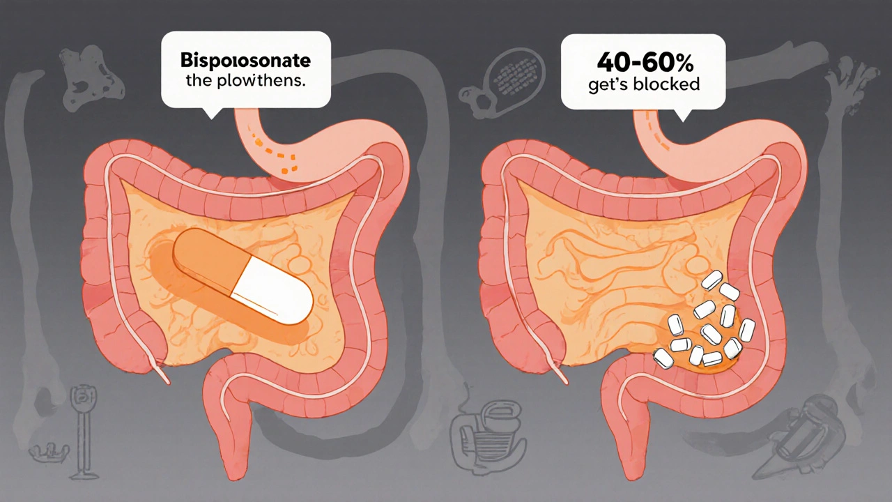 Gut pathway showing magnesium blocking osteoporosis drug absorption with a magnet-like clump