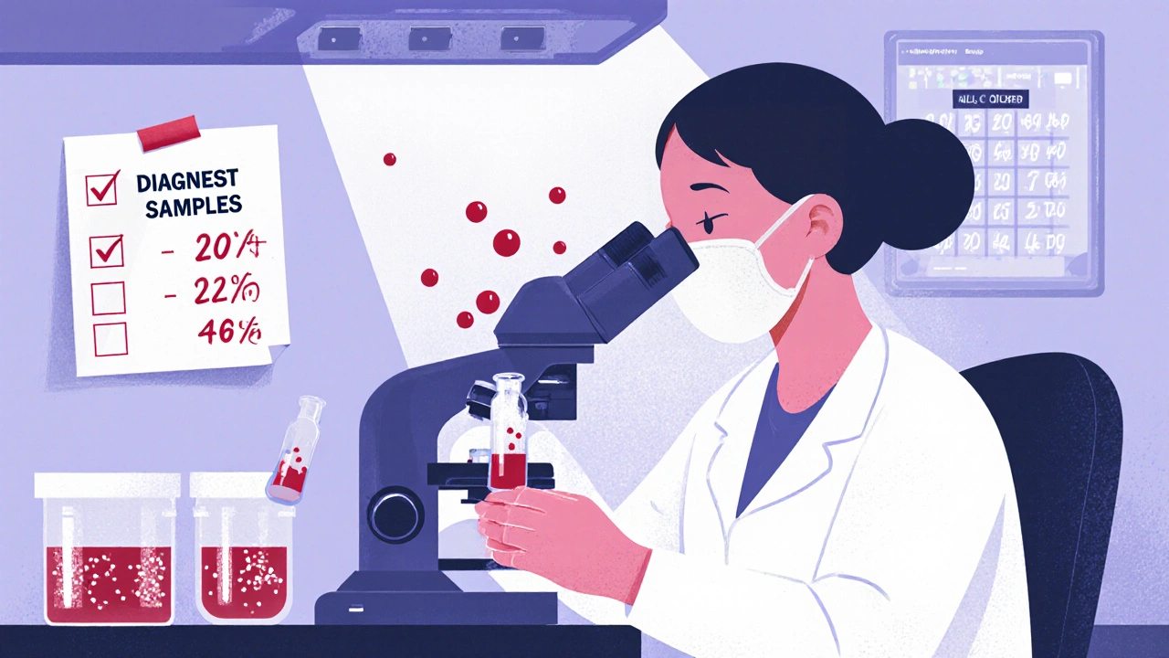 Lab technician testing blood samples as molecular variants affect diagnostic readouts, with quality control checklist visible.