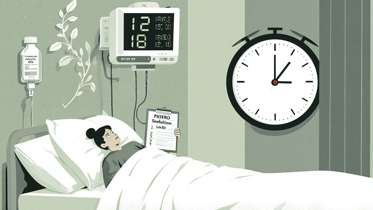 Nurse monitoring patient over 12 hours, flumazenil unused, showing vigilance over antidotes.