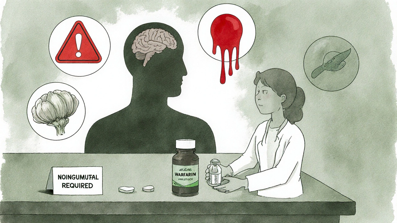 Patient giving herbal supplement to doctor while bleeding risk looms in background.