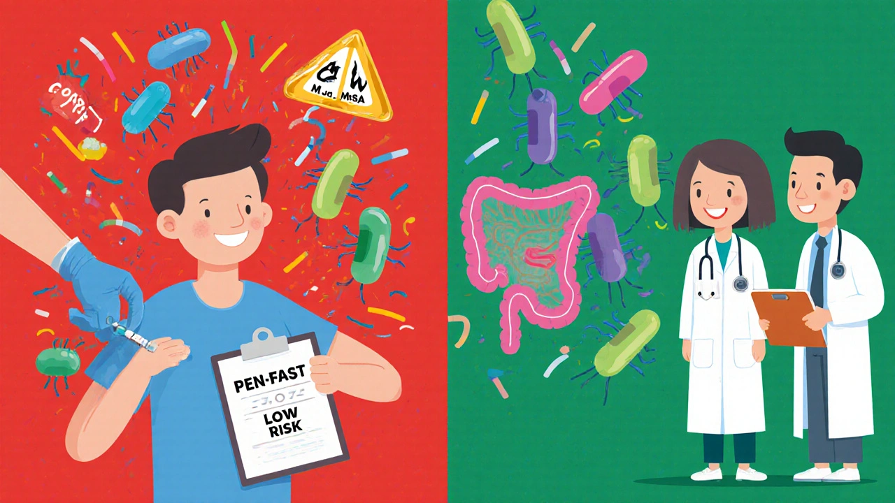 Patient receiving broad-spectrum antibiotic vs. safe penicillin, with contrasting gut bacteria and warning symbols