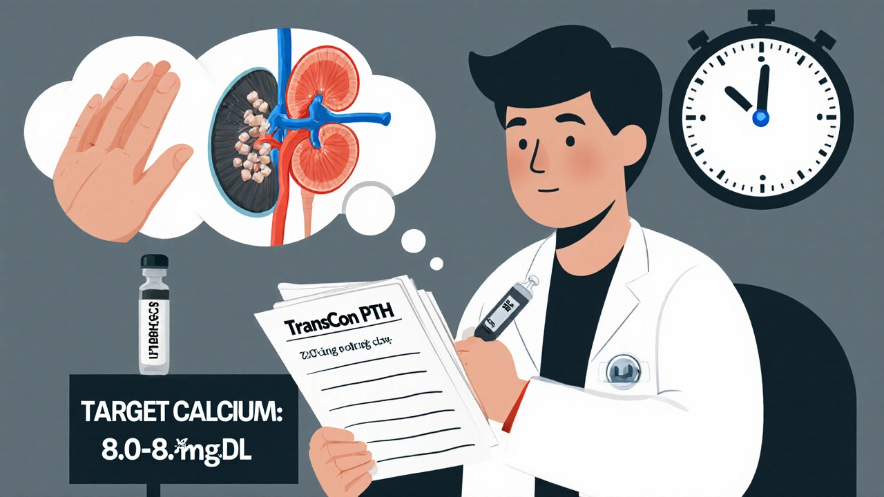 Patient tracking symptoms with a journal, showing signs of hypocalcemia and a future PTH therapy injection.