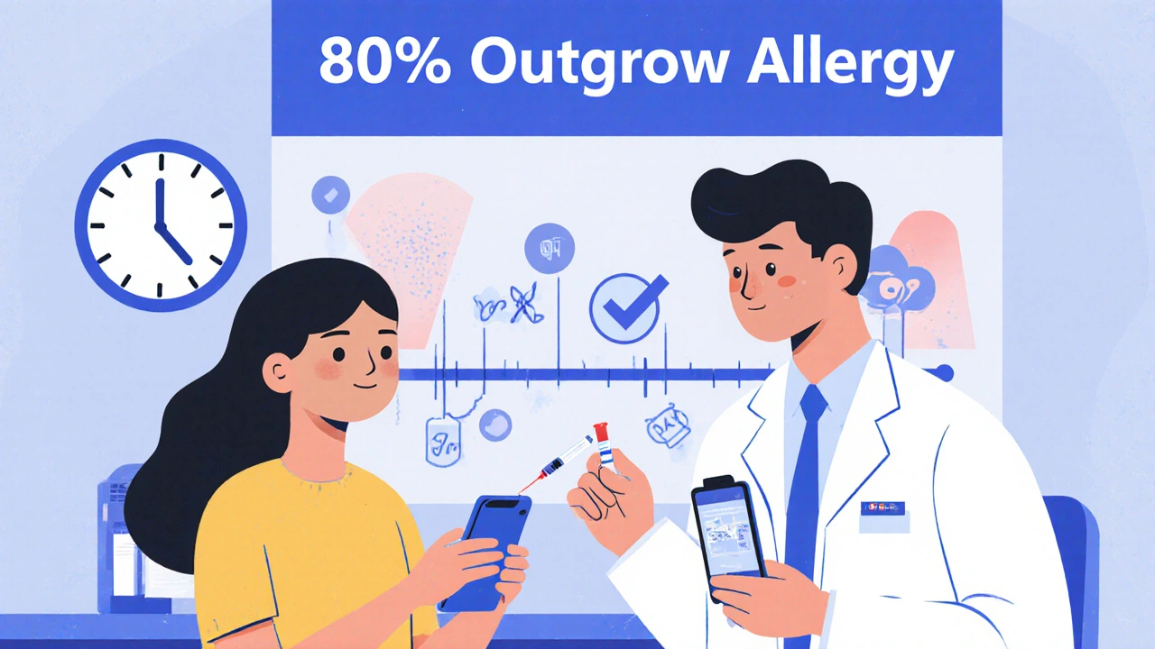 Patient using smartphone app for penicillin testing while pharmacist performs skin test, timeline shows allergy fading