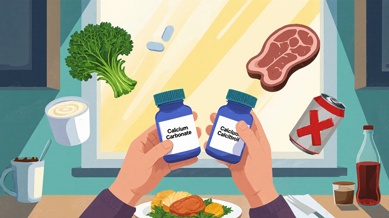 Person taking calcium and vitamin D pills with a meal, surrounded by healthy foods and avoided high-phosphate items.