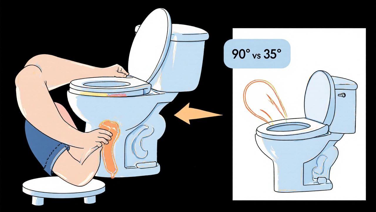 Person using a footstool on toilet, showing correct posture for easier bowel movement.
