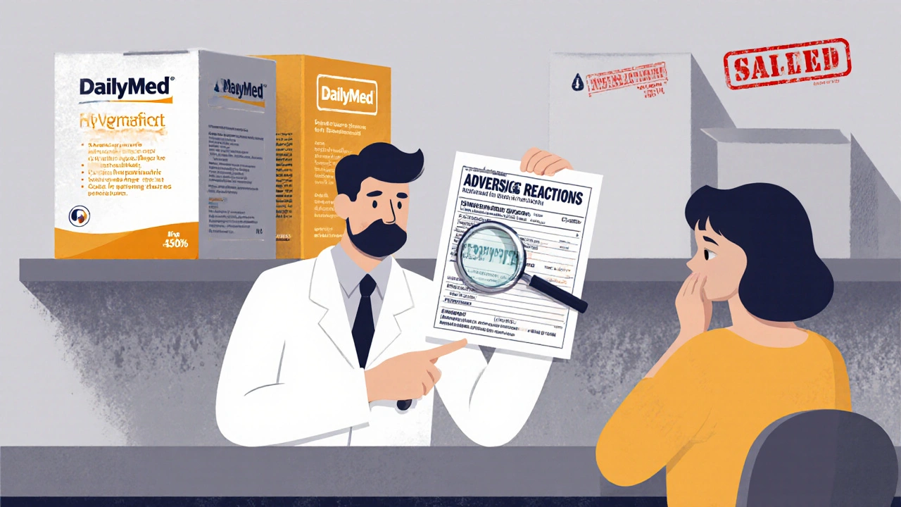 Pharmacist showing DailyMed label to patient, comparing two generic drug boxes with different NDC codes and warnings.