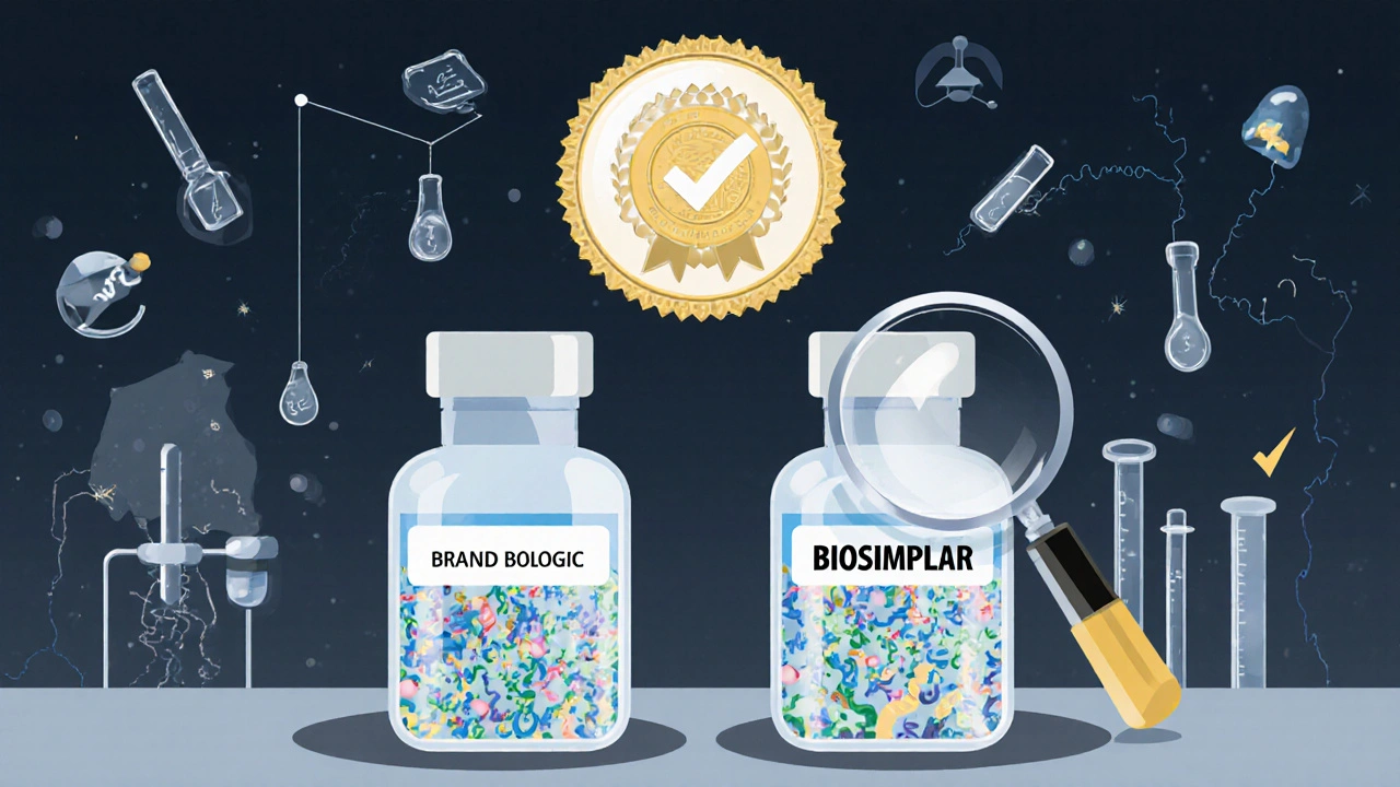 Side-by-side comparison of brand biologic and biosimilar vials with molecular differences highlighted by FDA approval.