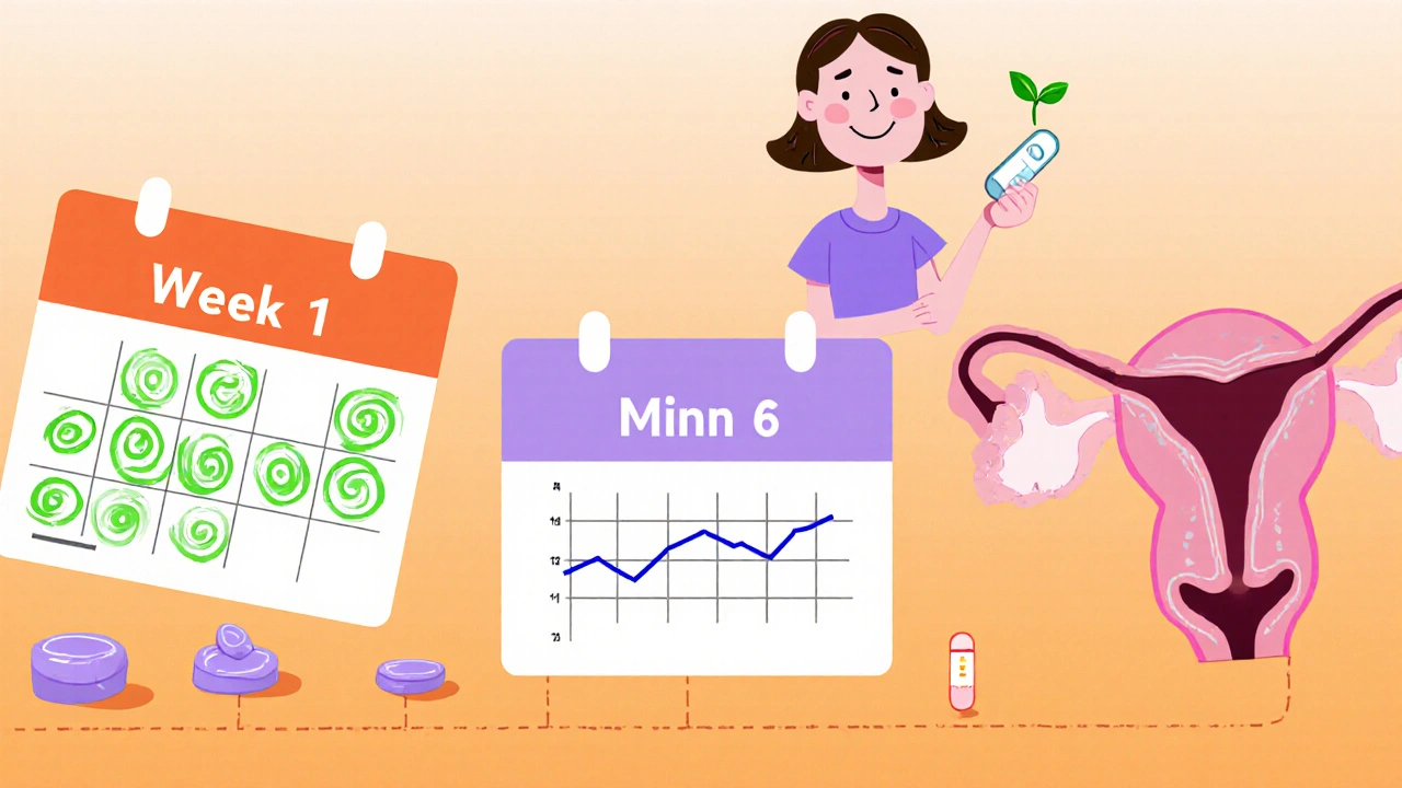 Six-month timeline of metformin effects in PCOS, from side effects to regular ovulation and pregnancy readiness.