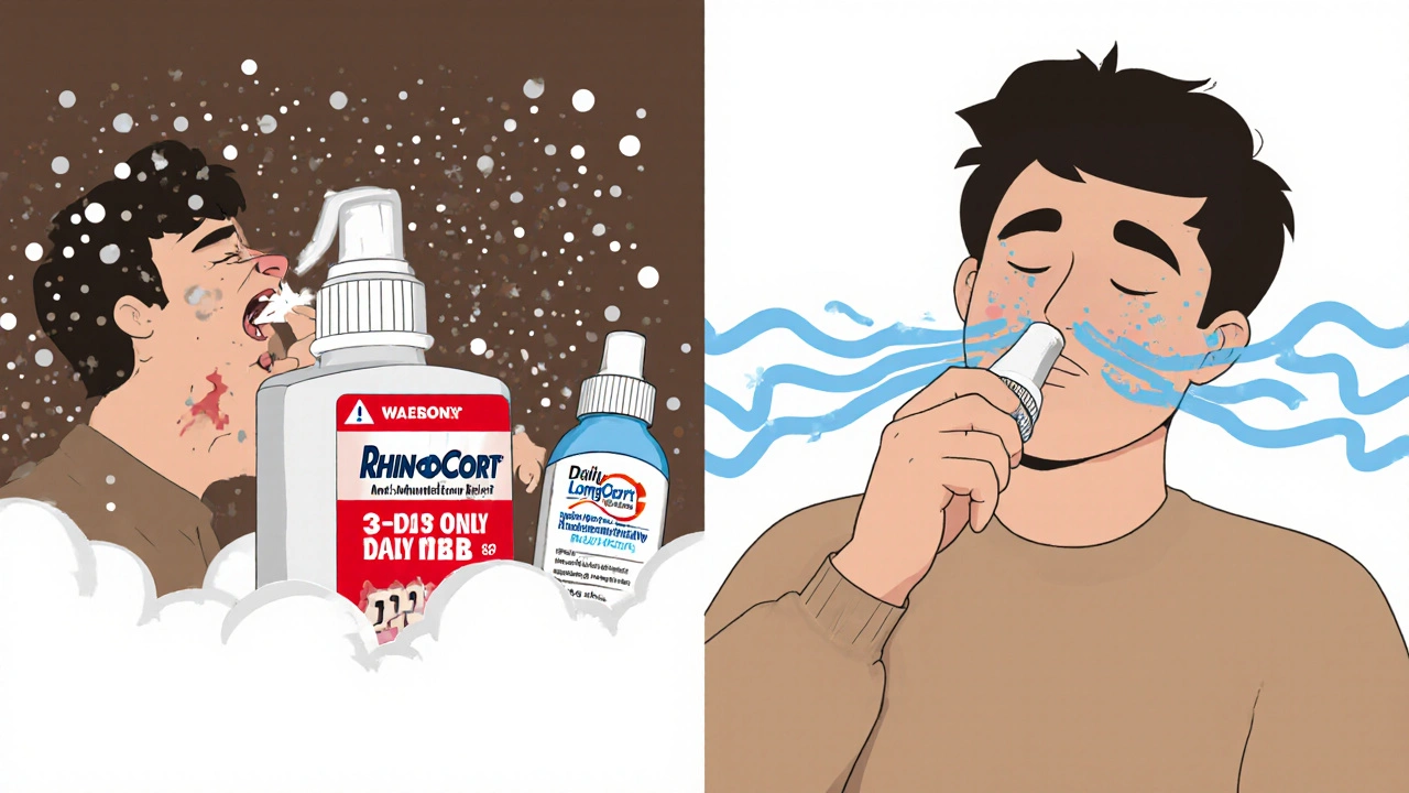 Split illustration: chaotic sneezing with short-term spray vs. calm relief with daily Rhinocort use.