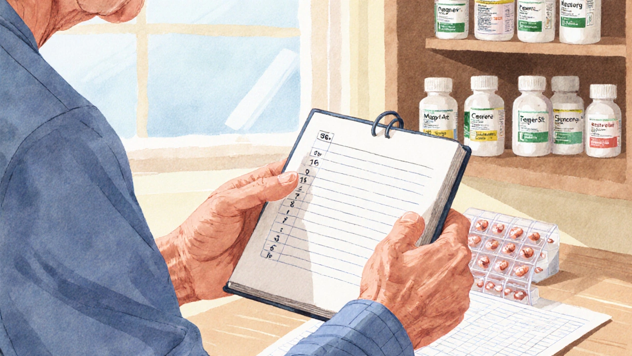 Two hands sharing a medication notebook with pill organizer and medical chart in background.