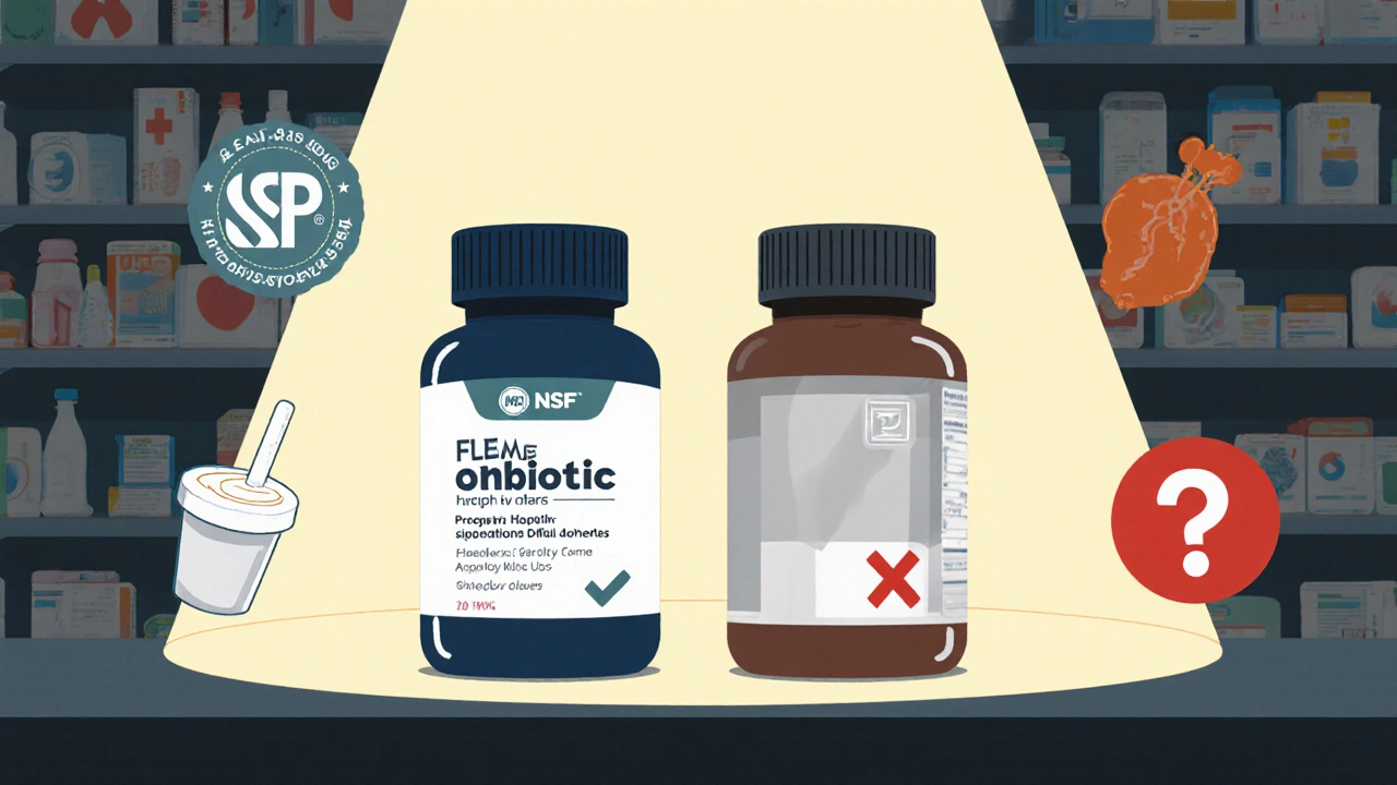 Two probiotic supplement bottles side by side: one clearly labeled with certification seals, the other generic and misleading.