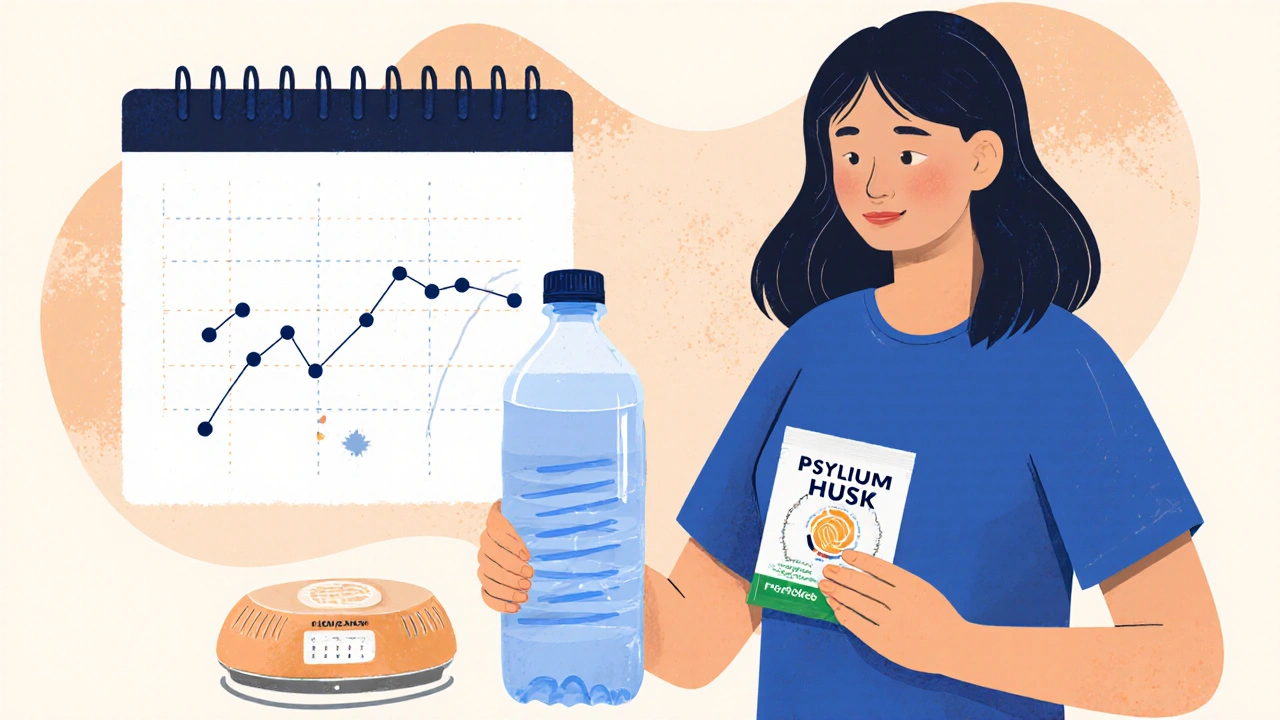 Woman with fiber supplement and water bottle, beside calendar and biofeedback machine for constipation management.