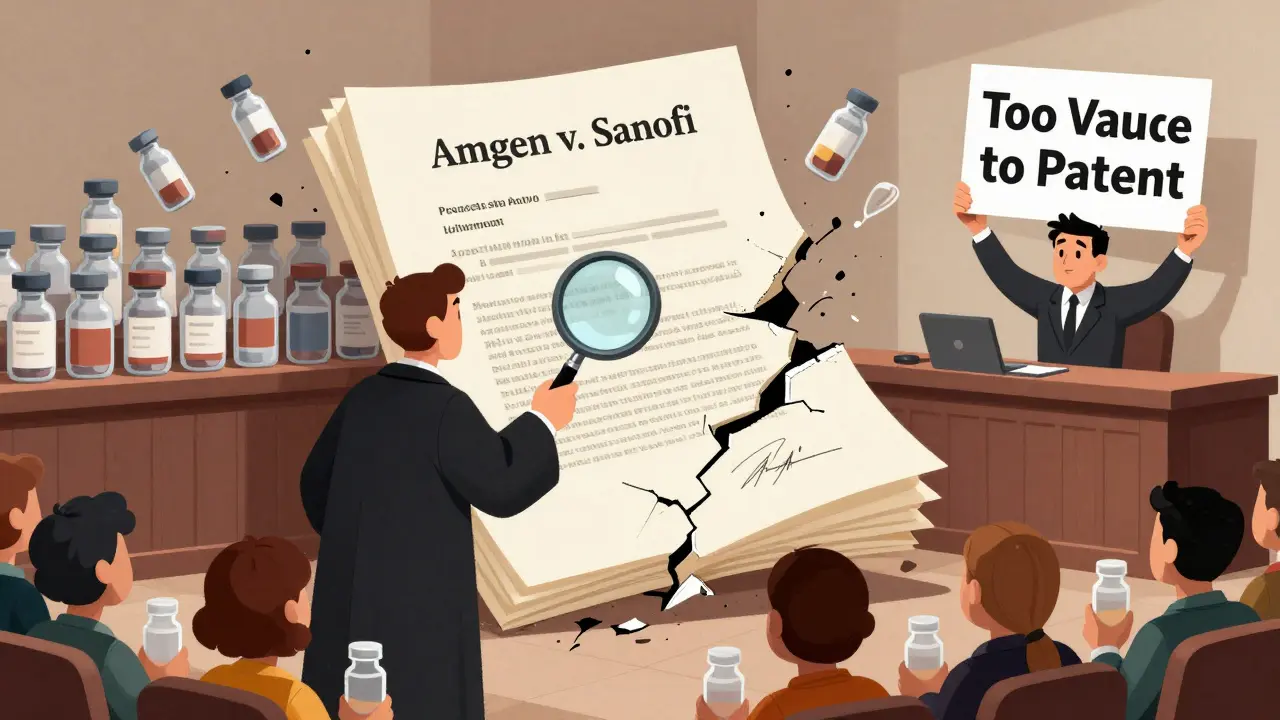 A judge examining a crumbling patent document as biosimilar drugs emerge, in a courtroom scene.