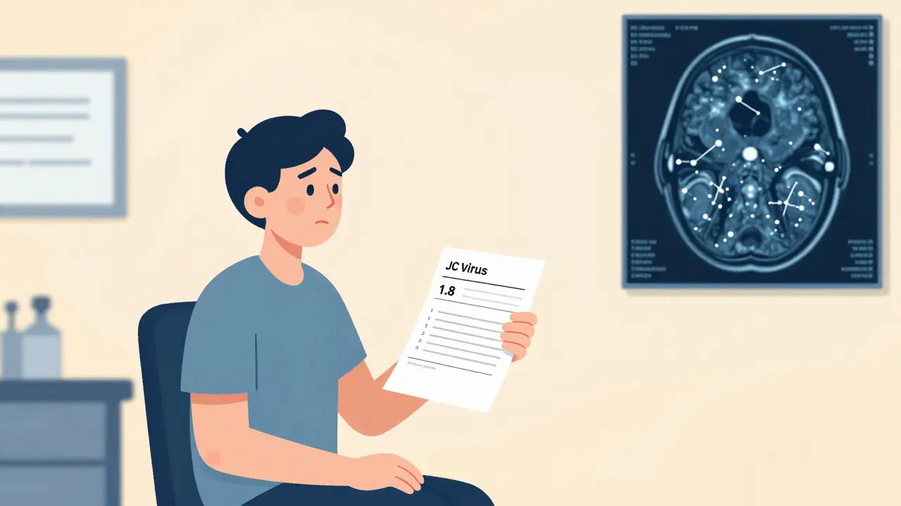 A patient holding a blood test with high JC virus index, while an MRI reveals brain lesions in the background.