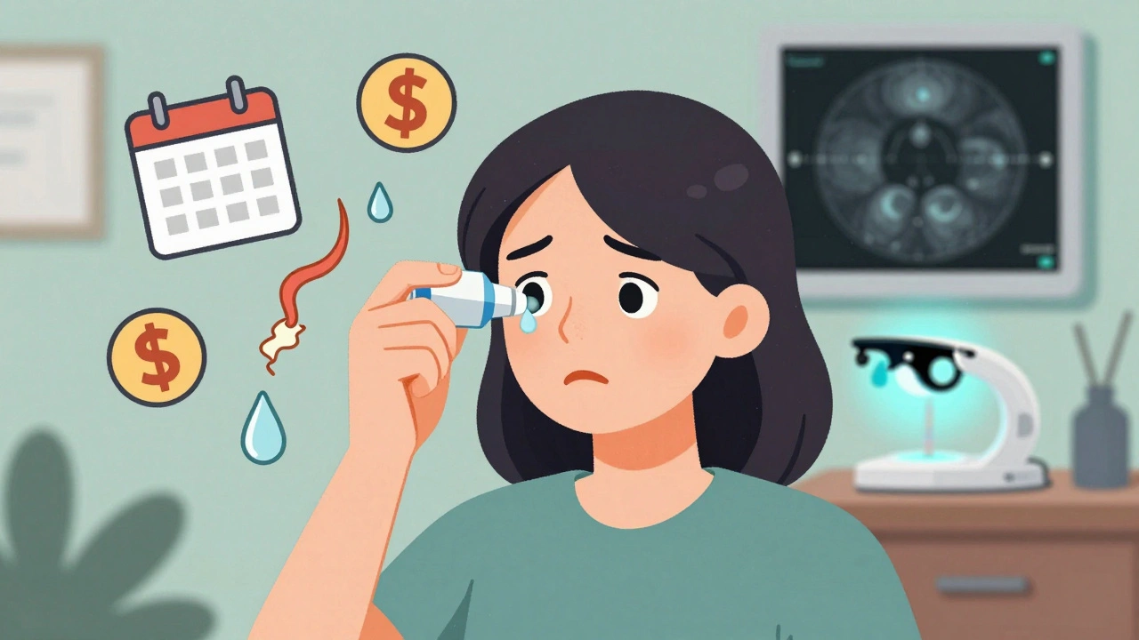 A patient struggles with glaucoma treatment, surrounded by symbols of forgetfulness, cost, and anxiety, with hopeful tech in the background.