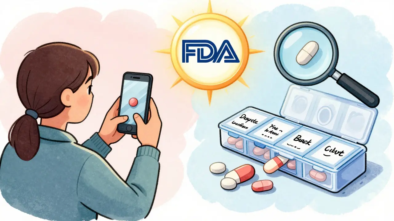 A patient taking a photo of their pill while organizing medications, with a glowing FDA symbol above.