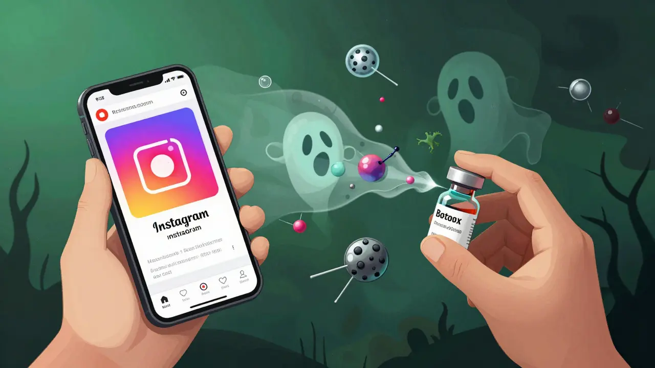 A person holding fake Botox as toxic elements drift into their body from the vial.