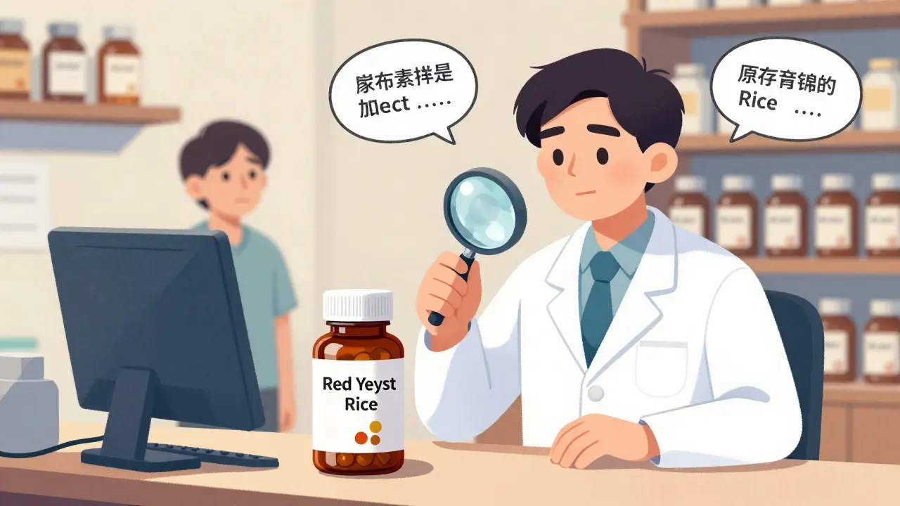 A pharmacist examining a supplement bottle that reveals a hidden prescription drug inside.