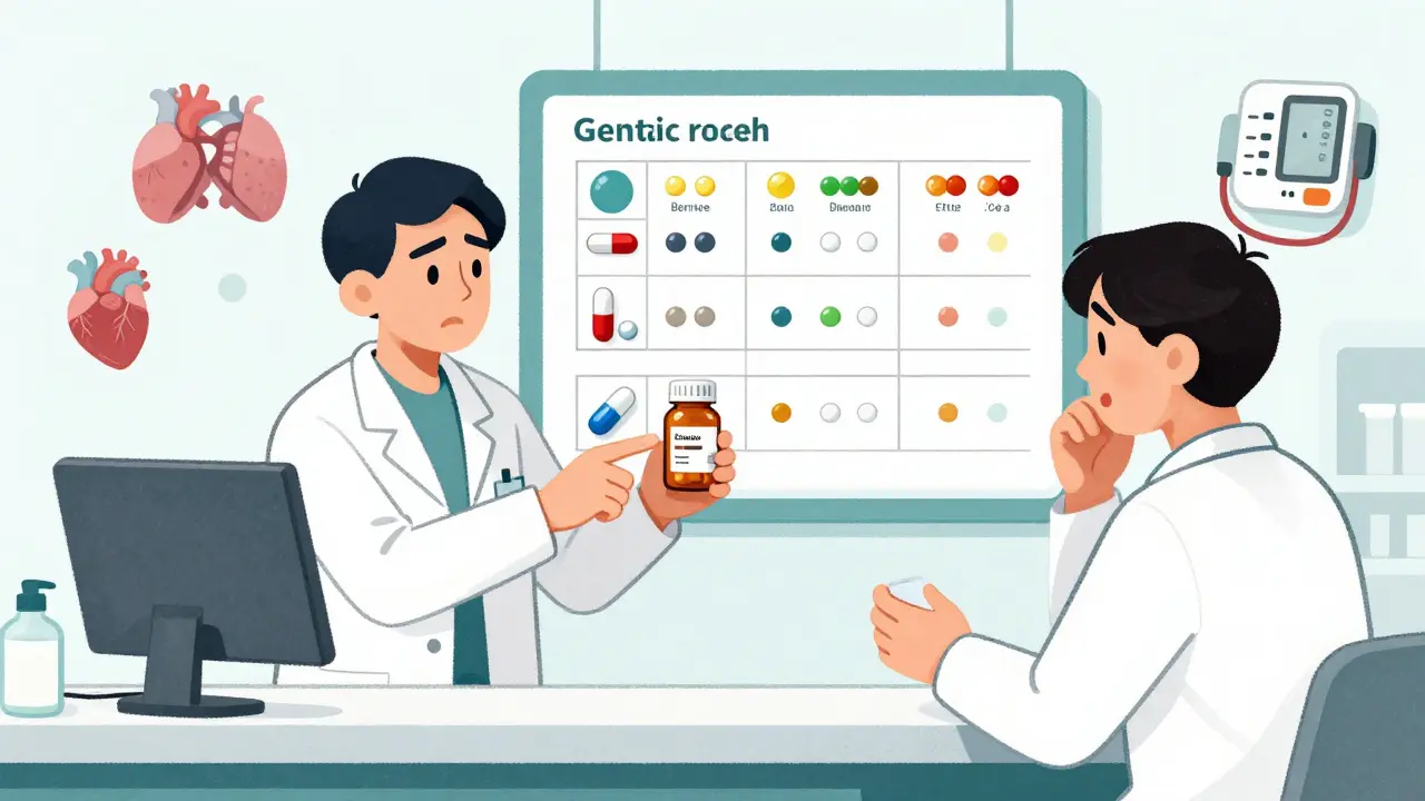 A pharmacist explaining different generic pill versions to a customer, with a comparison chart on the wall behind them.