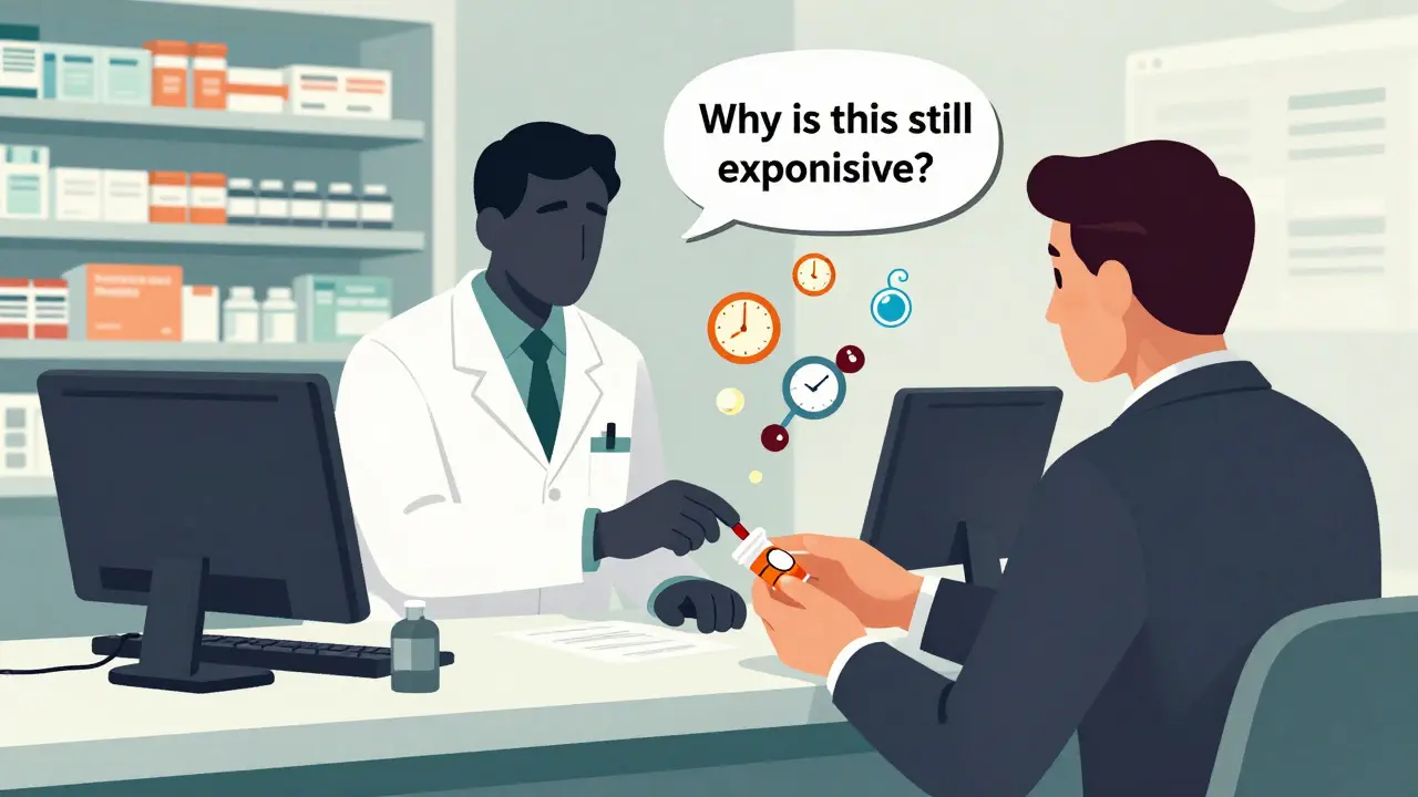 A pharmacist hands a generic pill while a shadowy figure adds a patent to the Orange Book.