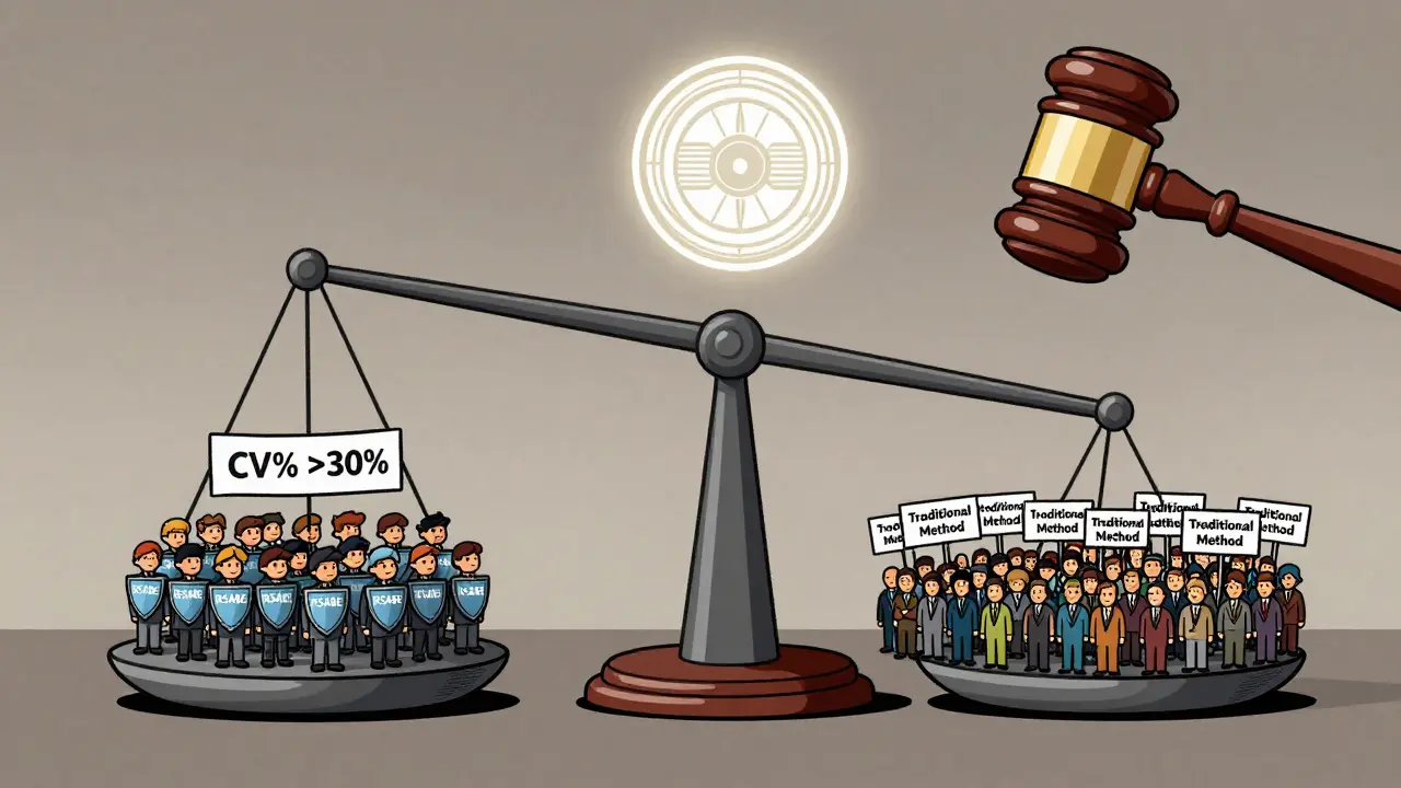 A scale tipping between a small group with RSABE protection and a large crowd using traditional methods, under FDA and EMA logos.
