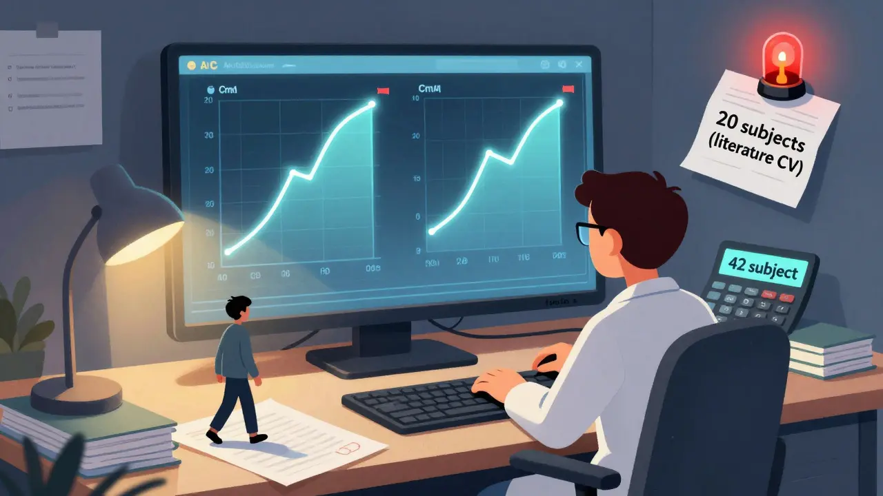 A scientist at a desk comparing drug data curves, with a dropout figure walking away and a calculator showing an incorrect sample size.
