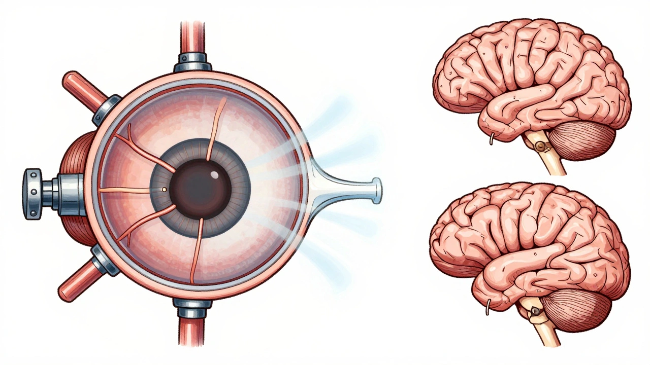 A sieve-like structure in the eye is crushed by pressure waves, contrasted with a brain having low fluid pressure.