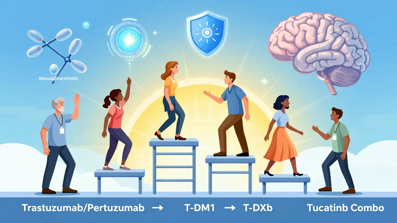 A treatment ladder showing progression from early to advanced HER2-positive breast cancer therapies.
