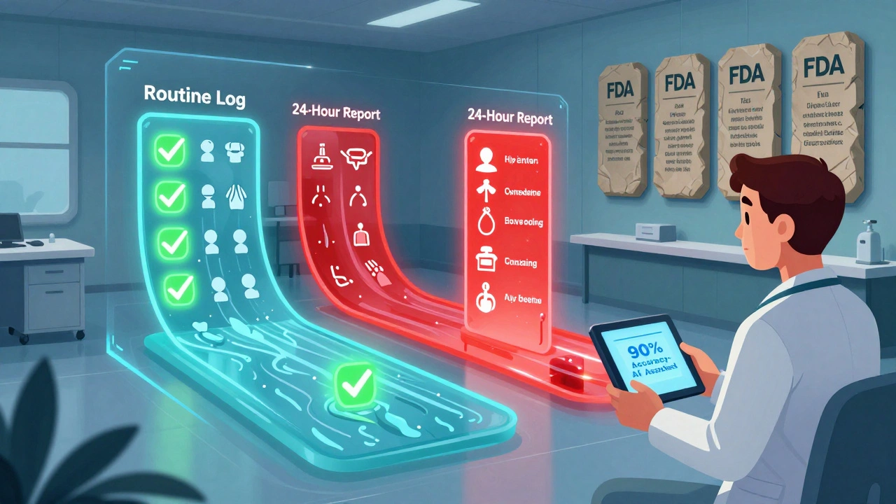 AI system sorting patient symptoms into routine and urgent streams, with a safety officer monitoring the process.