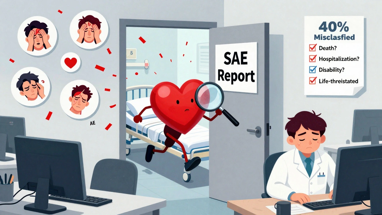 Chaotic office with floating adverse events, one red serious event being rushed through a narrow door labeled SAE.