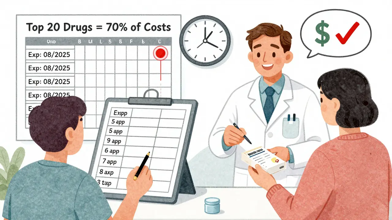 Clinic staff tracking expiration dates of generic drugs using a simple spreadsheet.