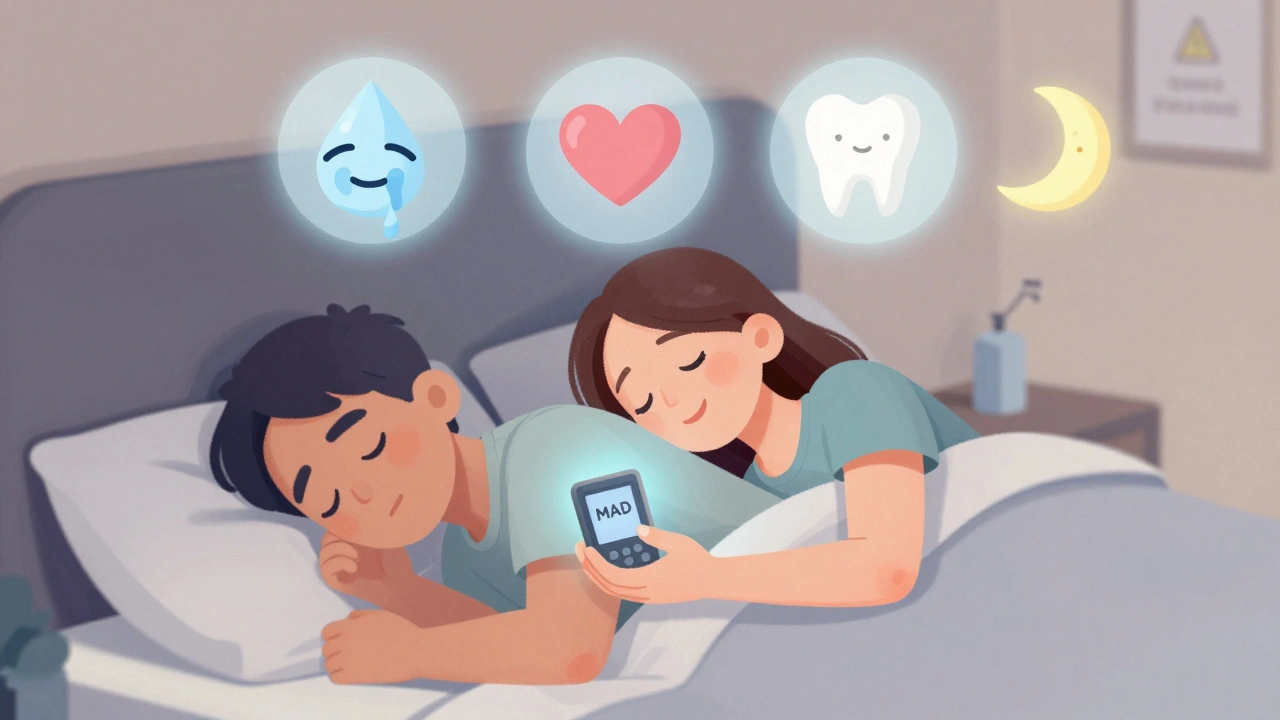 Couple in bed, one holding a snoring device, side effects fading as peace returns.