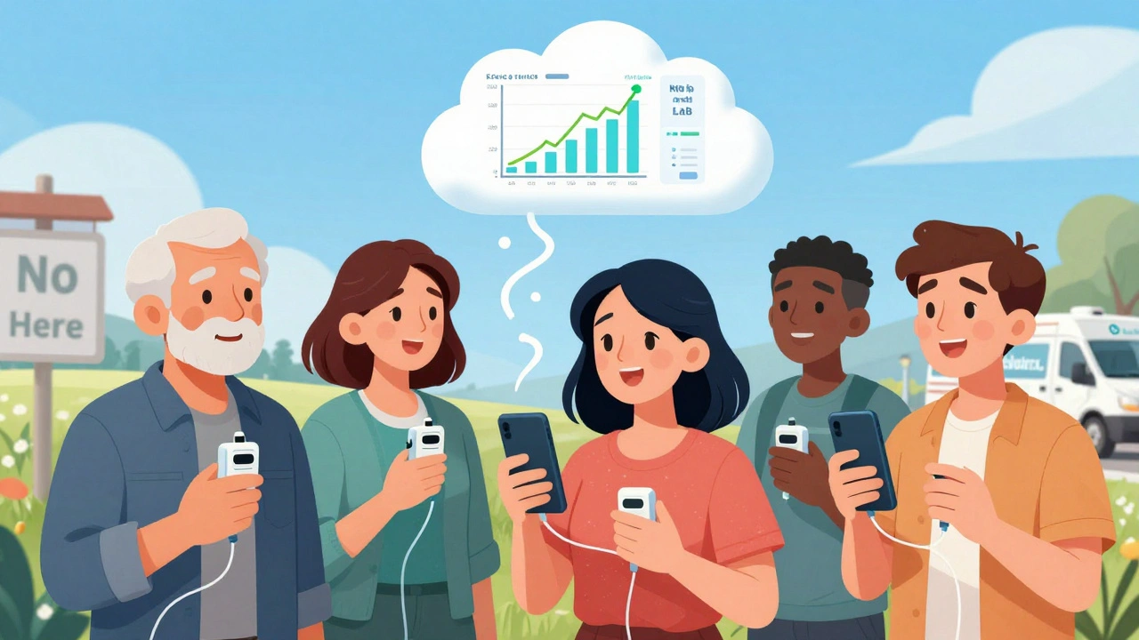 Diverse patients using smartphone-connected FeNO devices with data streaming to a cloud dashboard.