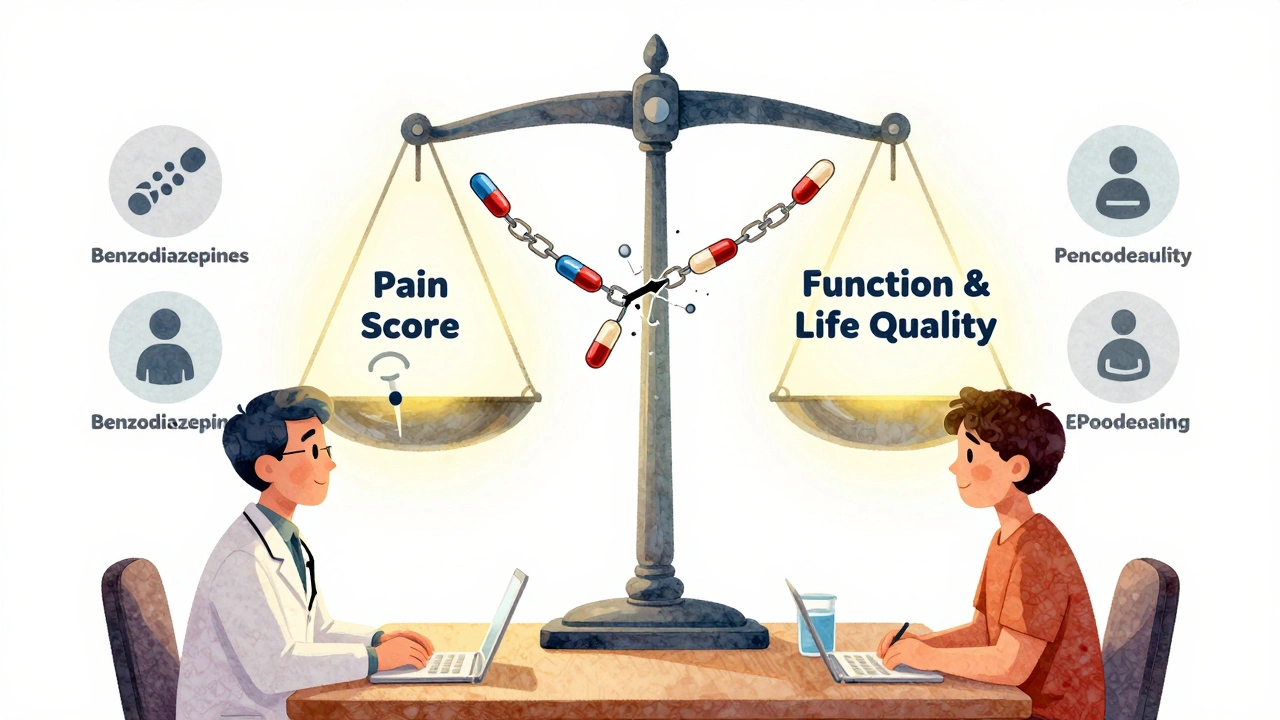 Doctor and patient at table with scale weighing pain against life function, risks cracking the pill chain.