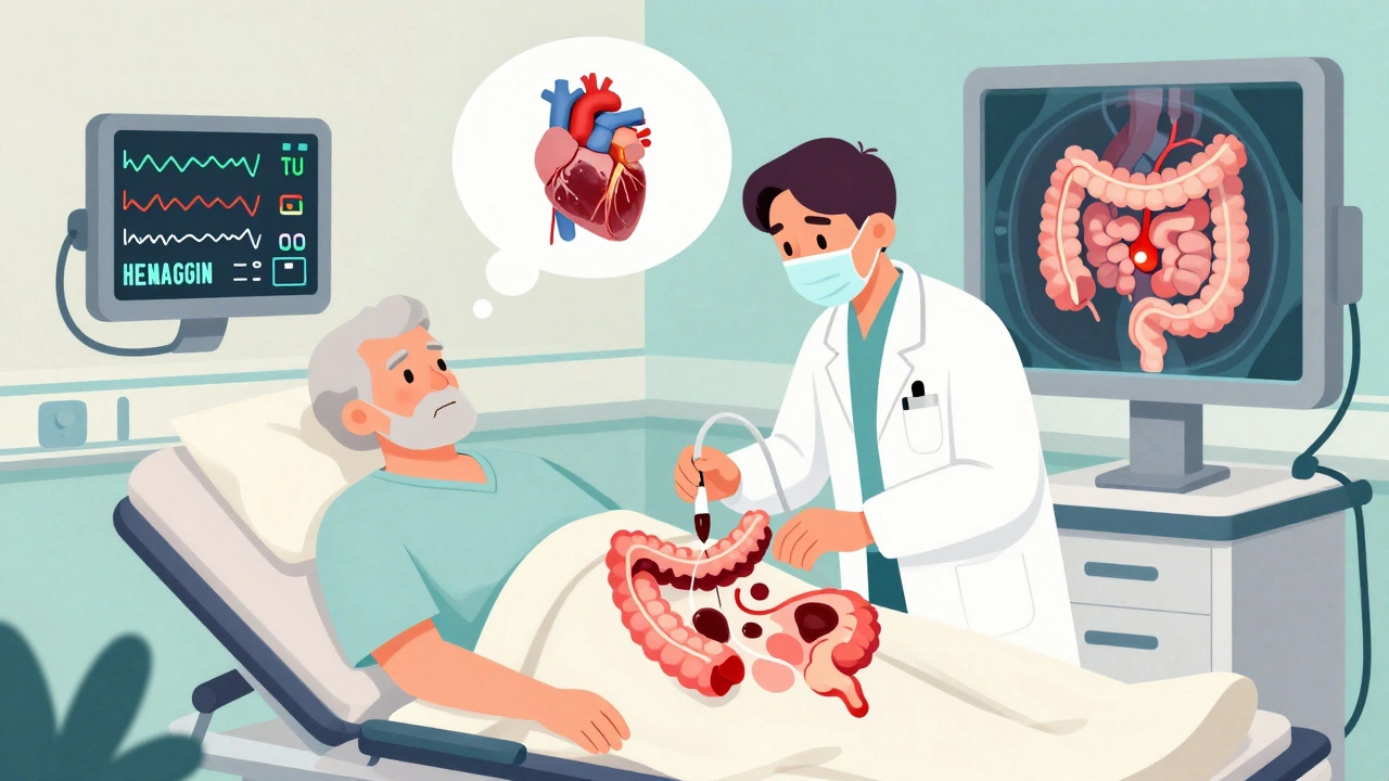 Emergency room scene with doctor performing colonoscopy, CT scan projecting bleeding map, and heart-valve connection shown.