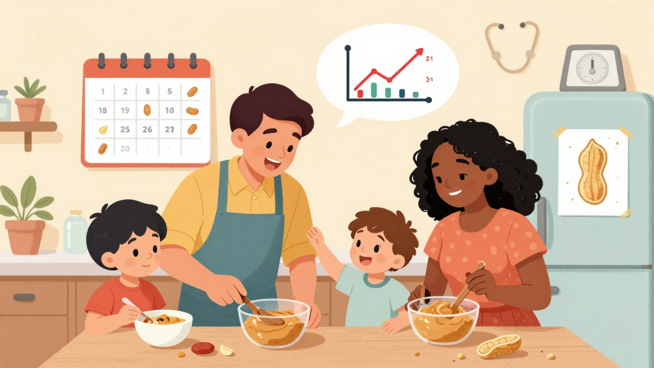 Family preparing peanut puree at home with weekly feeding calendar visible.