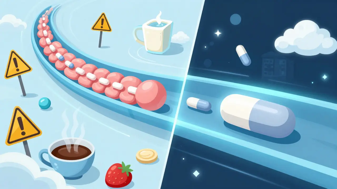 Futuristic pill bypassing food in digestive tract, traditional pills blocked by dairy clouds.