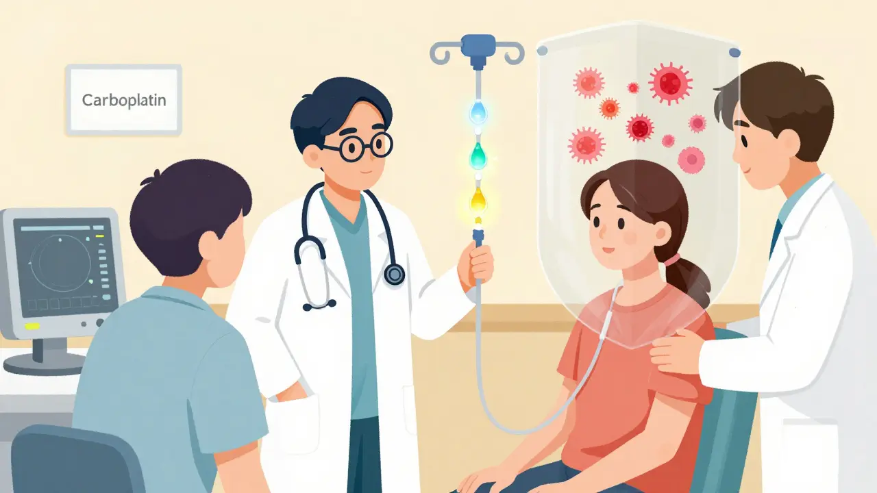 Medical team performing desensitization therapy with gradual drug doses and calming immune response visualization.