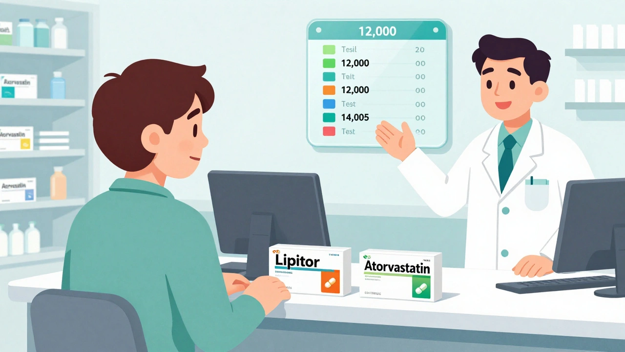 Patient confused at pharmacy as pharmacist reassures and doctor shows real-world data.