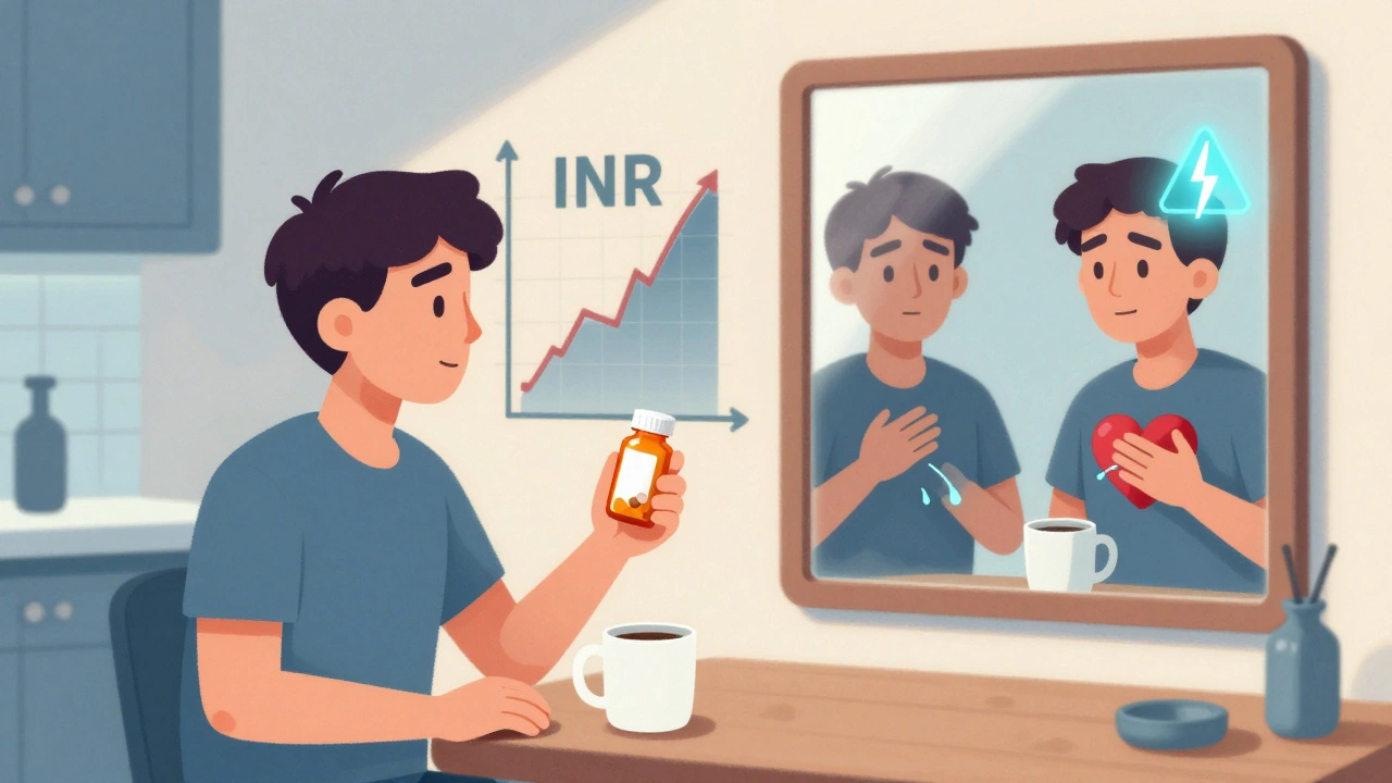 Patient mirrored as healthy and stressed, with medical icons showing heart rate and INR spikes from coffee.