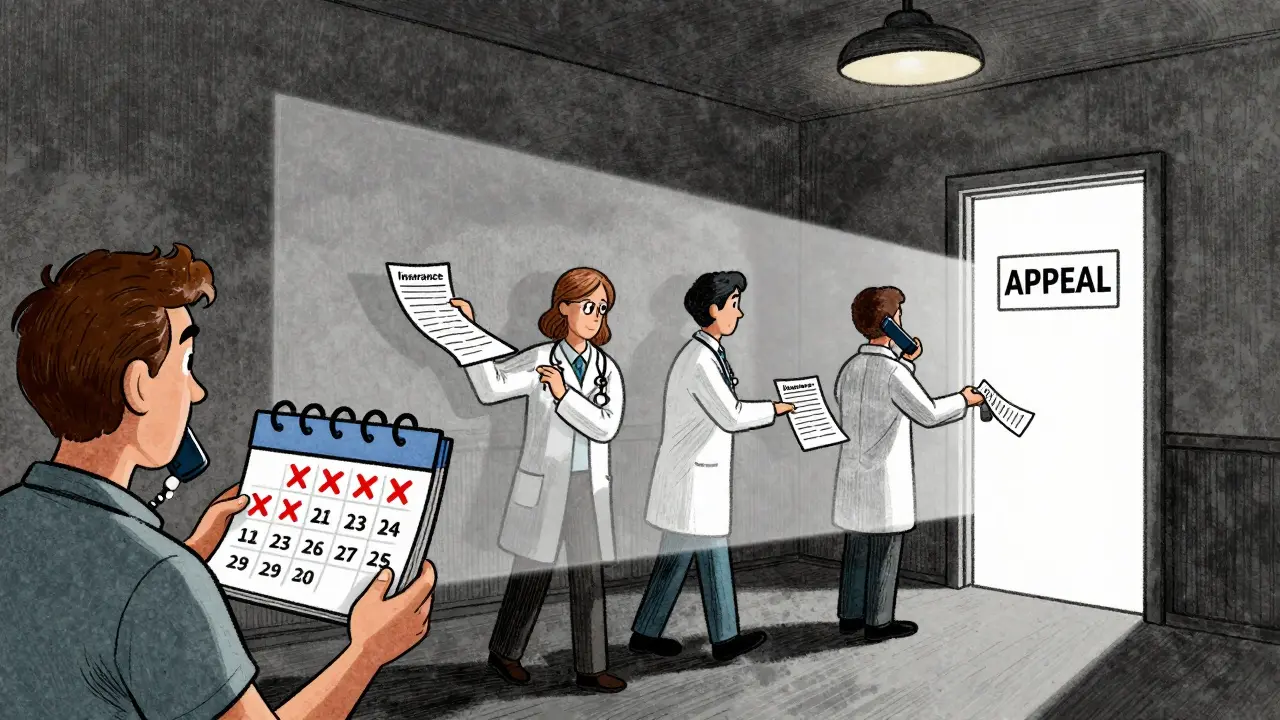 Patient with calendar marked with missed dates, calling insurer while forms pass down a hallway to an appeal door.