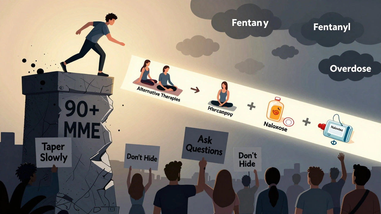 Person stepping down from high opioid dose toward alternative therapies, with naloxone and support signs ahead.